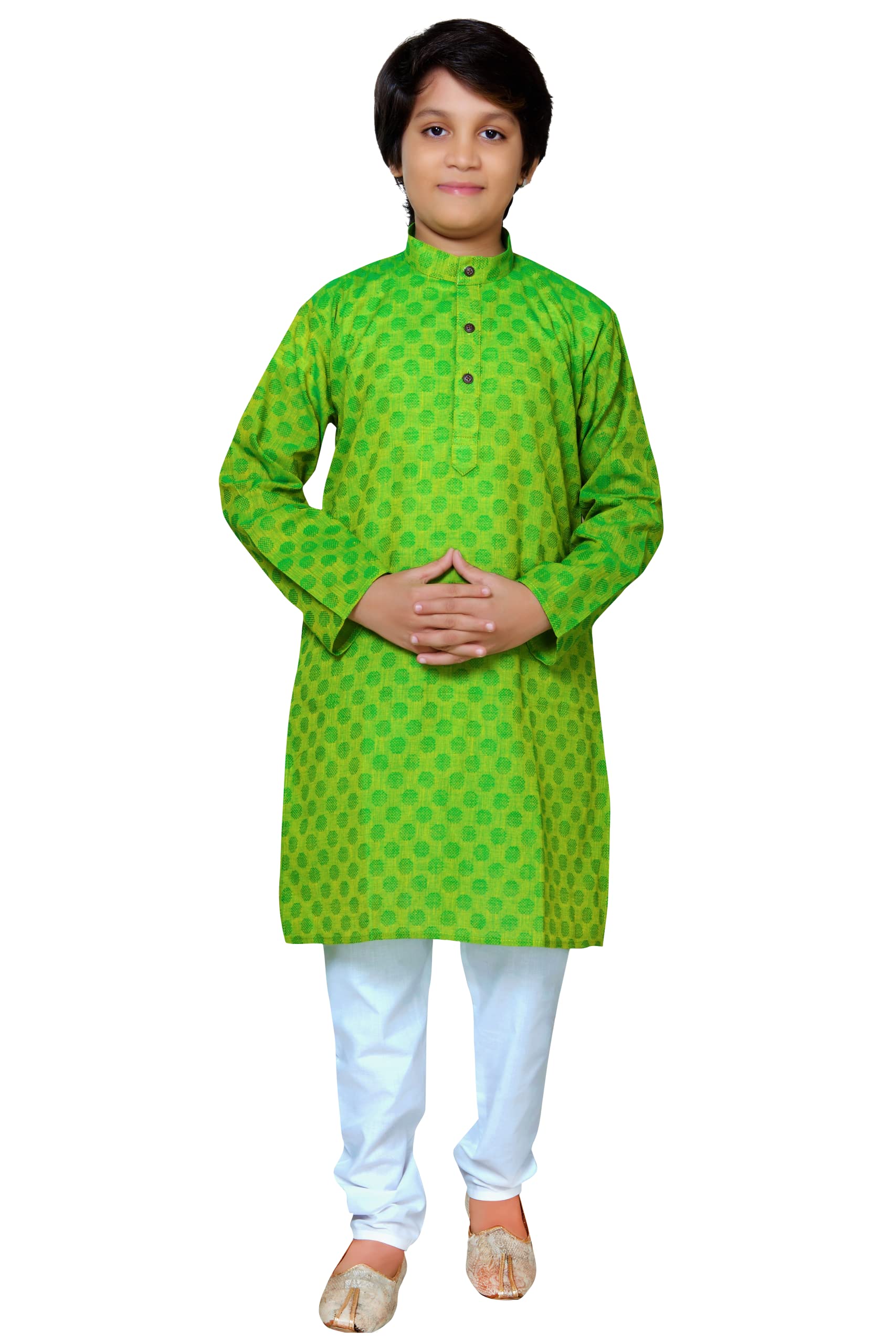 Photo 1 of BABA AND BABY boys ethnic wear cotton handloom dobby green colour kurta pajama set (Green650, 12-18 Months)
