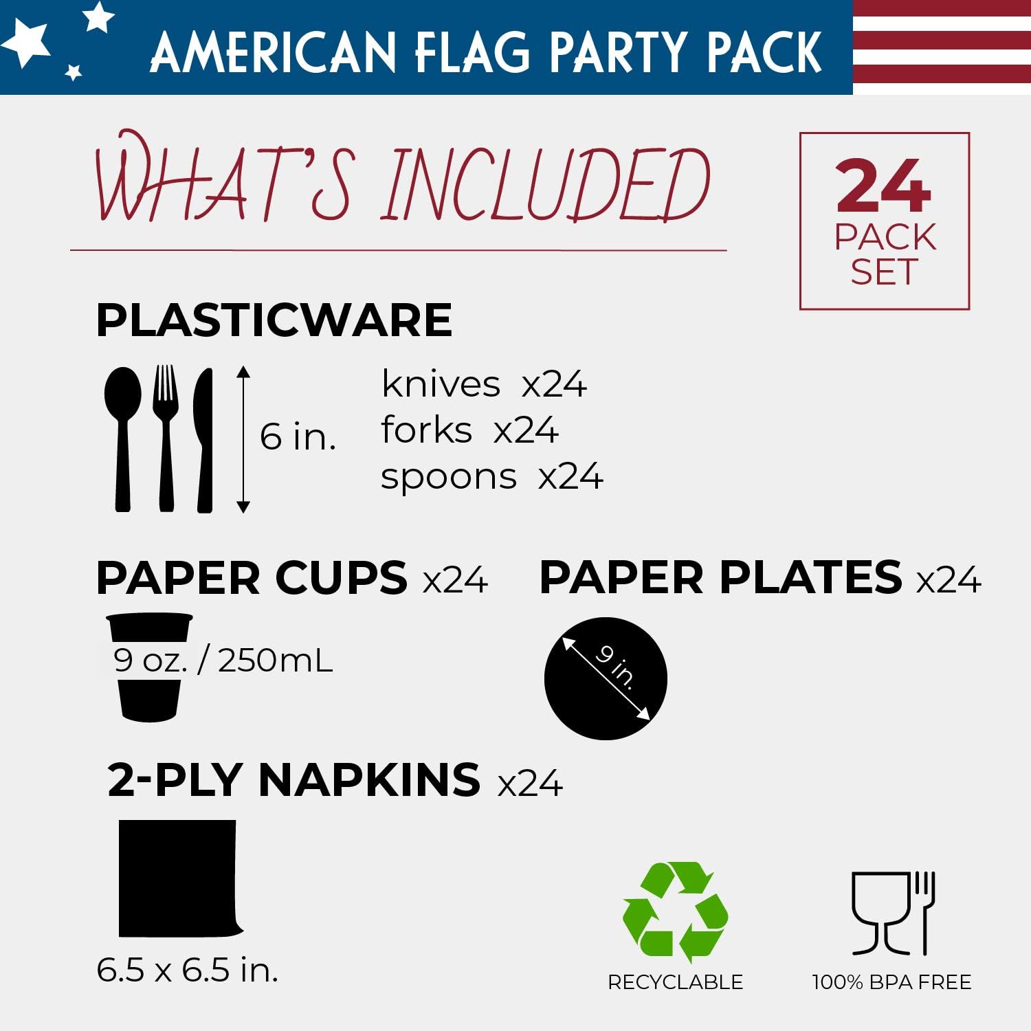 American Flag Party Bundle, Includes Paper Plates, Napkins, Cups and Cutlery (Serves 24, 144 Total Pieces): Toys & Games