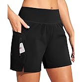 Ewedoos Womens Swim Shorts High Waisted Board Shorts for Women Stretchy 5" Swim Beach Short with Pockets Swimwear Liner