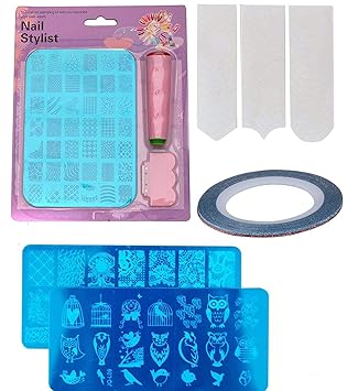 FOK Plastic Nail Art Kit Combo with 2 Pieces Stamping Image Plate and French Manicure Tip Sticker and Tape