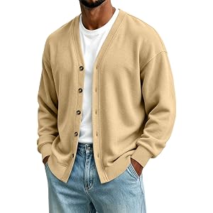 xiaoleilemon V Neck Button Cardigan Jacket for Men Casual Long Sleeve Coats | Soft Stretch Fabric, Front Button Closure, Loos