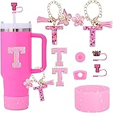 Liangang Pink Stanley Cup 9PCS Cup Accessories Set Compatible with 30oz & 40oz Cups,Includes Straw Cover,Boot,Spill-Proof Stopper,2PCS Handle Charm & Stickers(Pink T)