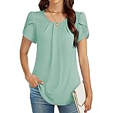 FUNLINGO Womens Tops Dressy Casual Summer Tunic Chiffon Blouse Pleated Front Crew Neck Shirts Loose Fit Business Flowy Top