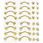 Ofeiyaa 16Pcs Eyebrow Piercing Jewelry 16G Surgical Steel Curved Barbell Vertical Labret Lip Navel Belly Button Tongue Rings Rook Daith Tragus Earring for Women Men Silver Gold Tone 6mm/8mm/10mm/12mm