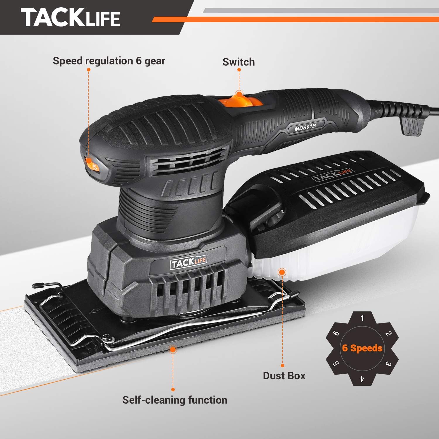 TACKLIFE 3 in 1 Electric Handheld Sander, Multifunction Sander with 15 Pcs Sandpapers 6 Variable Speeds 7000RPM-12000RPM, Efficient Dust Collection System Power Sander Machine DIY-MDS01B - - 