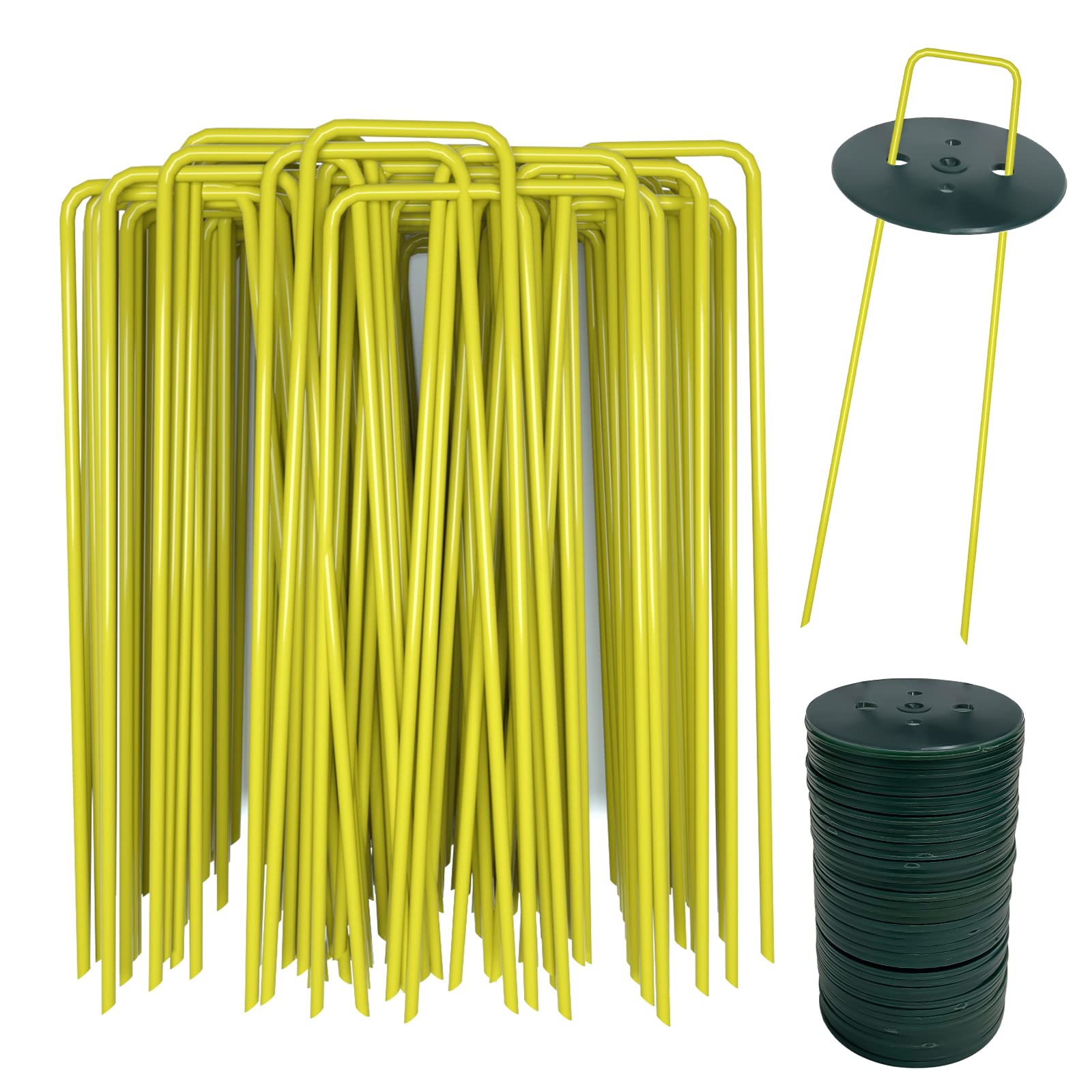 AGAKY U Shaped Securing Garden Pegs for Membrane, Anti-Rust Membrane Pegs, Garden Staples Galvanized for Artificial Grass, Landscape Netting, (40 Yellow Pegs & 40 Buffer Washer)