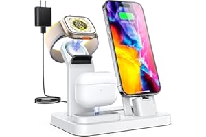 RJR Updated 3 in 1 Charging Station for Apple Devices, Self Adjusting Charging Dock for iWatch 9 8 7 6 SE 5 4 3 2 1, Built-in Charger Stand for iPhone Series AirPods Gifts (with 15W Adapter) White