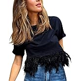 Trendy Feather Hem T Shirts for Women 2025 Cropped Running Cute Loose Fit Tops Summer Feather Trim Tshirt Casual Crop