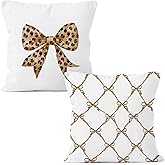 MONALET Preppy Cheetah Print Coquette Bow Throw Pillow Covers 18x18 Set of 2, Trendy Decor Pillow Cases Gifts for Teen Girls Dorm Bedroom Living Room, Leopard Pillowcases for Couch Bed Sofa