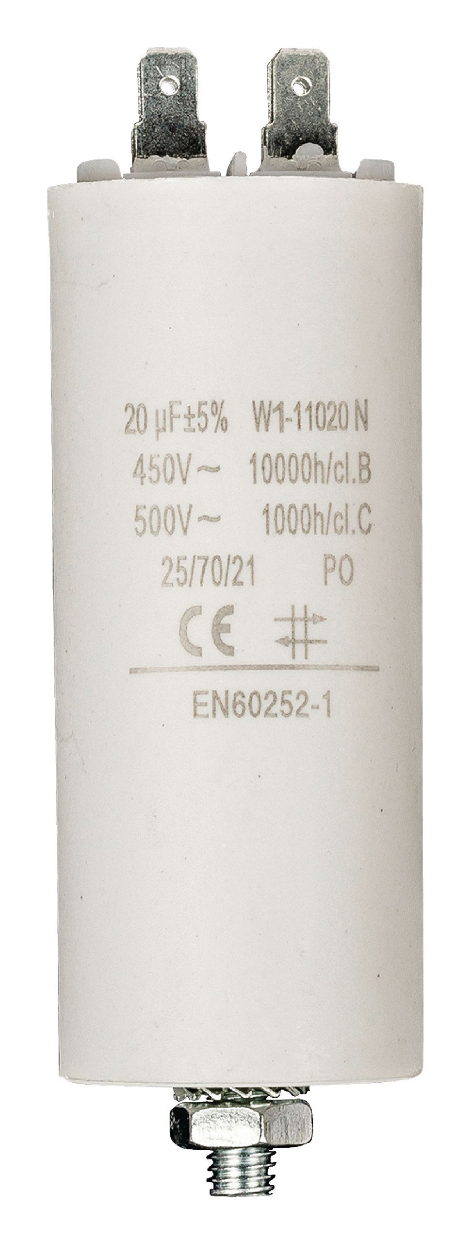 Invero Cylinder Shaped Run Motor Pump Capacitor 20.0uf - 450V Earthed - Dimensions: 40 x 95 mm - White