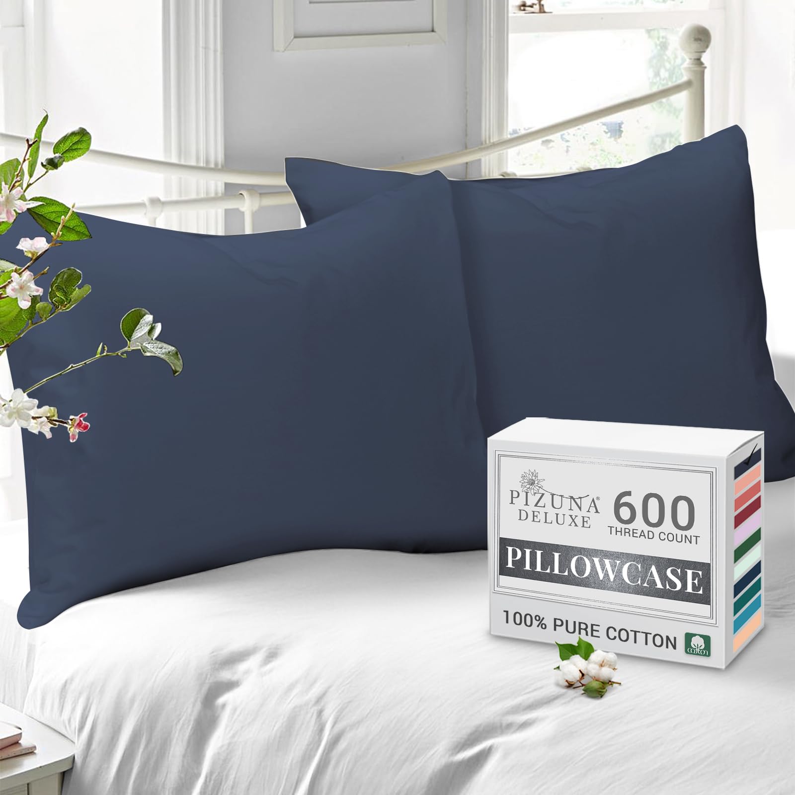 Pizuna Pure Combed Cotton Housewife Pillowcases 2 Pack Dark Blue 48x74cm, 600 Thread Count 100% Long Staple Combed Cotton Pillow Cover, Soft Sateen Housewife Pillow Cases (100% Cotton Pillowcase)