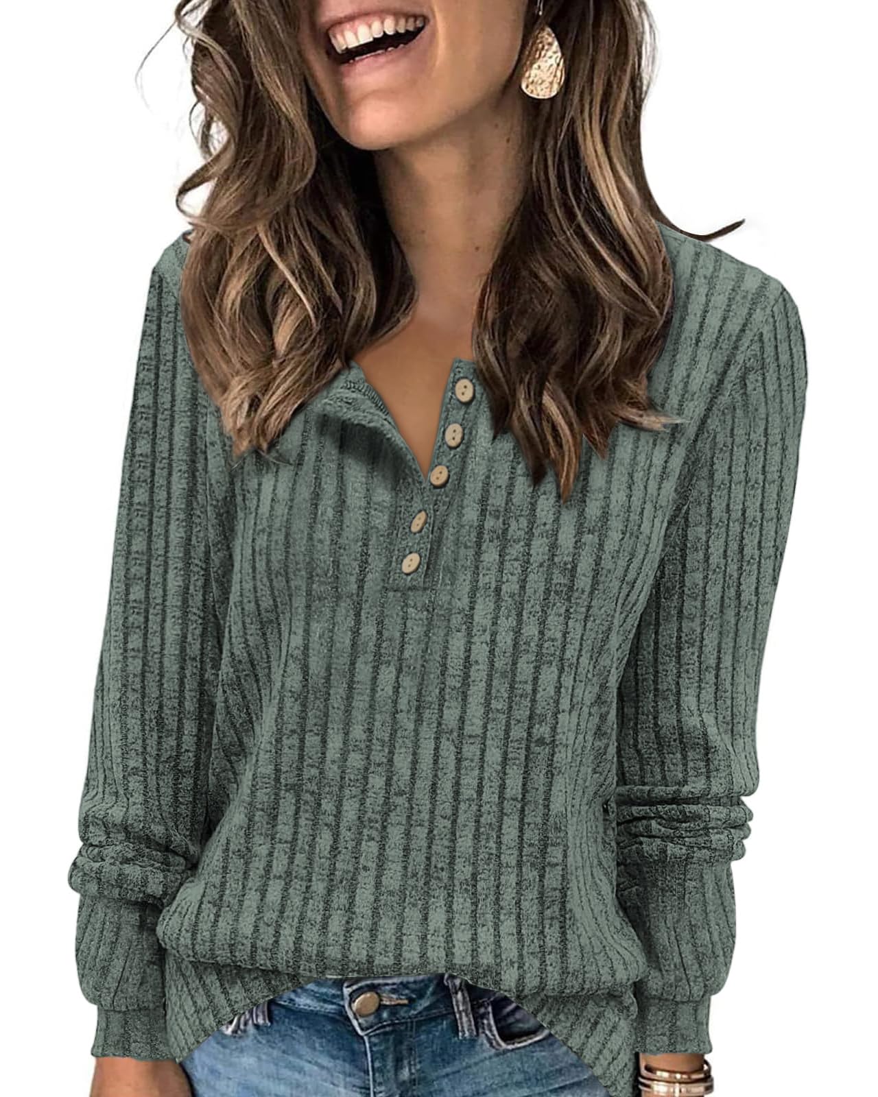 Women's Lightweight Knitted Jumper Long Sleeve Henley Shirt Autumn Casual Crew Neck Buttons Elegant Sweatshirt Tunic Tops