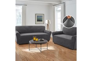 H.VERSAILTEX Stretch Velvet Couch Cover 2 Pieces Set Include 1 Piece Sofa Cover Couch Cover and 1 Piece Loveseat Cover Slipcover Crafted from Thick Comfy Rich Velour (Sofa + Loveseat,Gray)