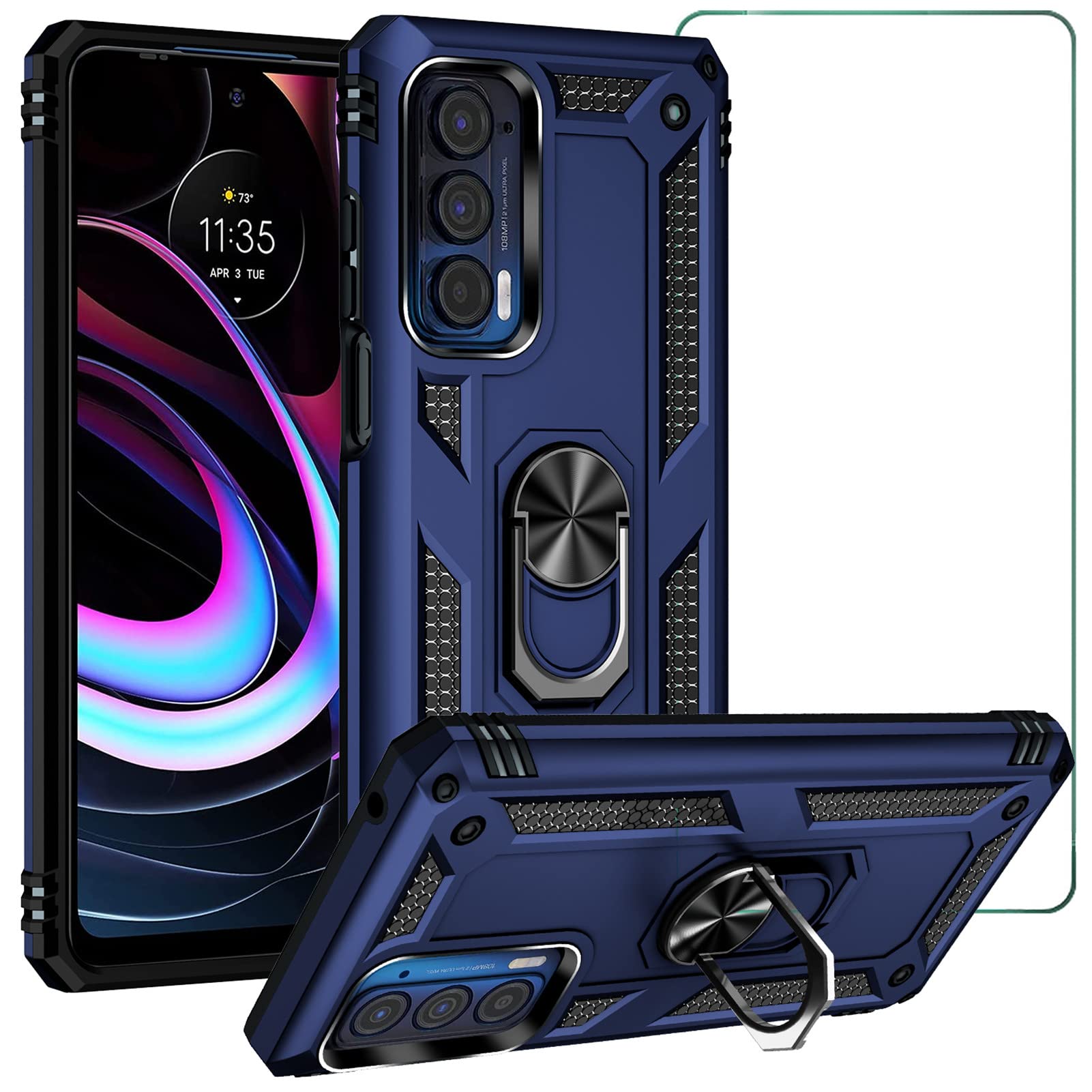 SHYXGLON Case for Motorola Edge 20 Pro with Screen Protector Armor Silicone Shockproof Heavy Duty Anti Scratch Military Grade Ring Holder Kickstand Cover for Motorola Moto Edge 20 Pro (Blue)