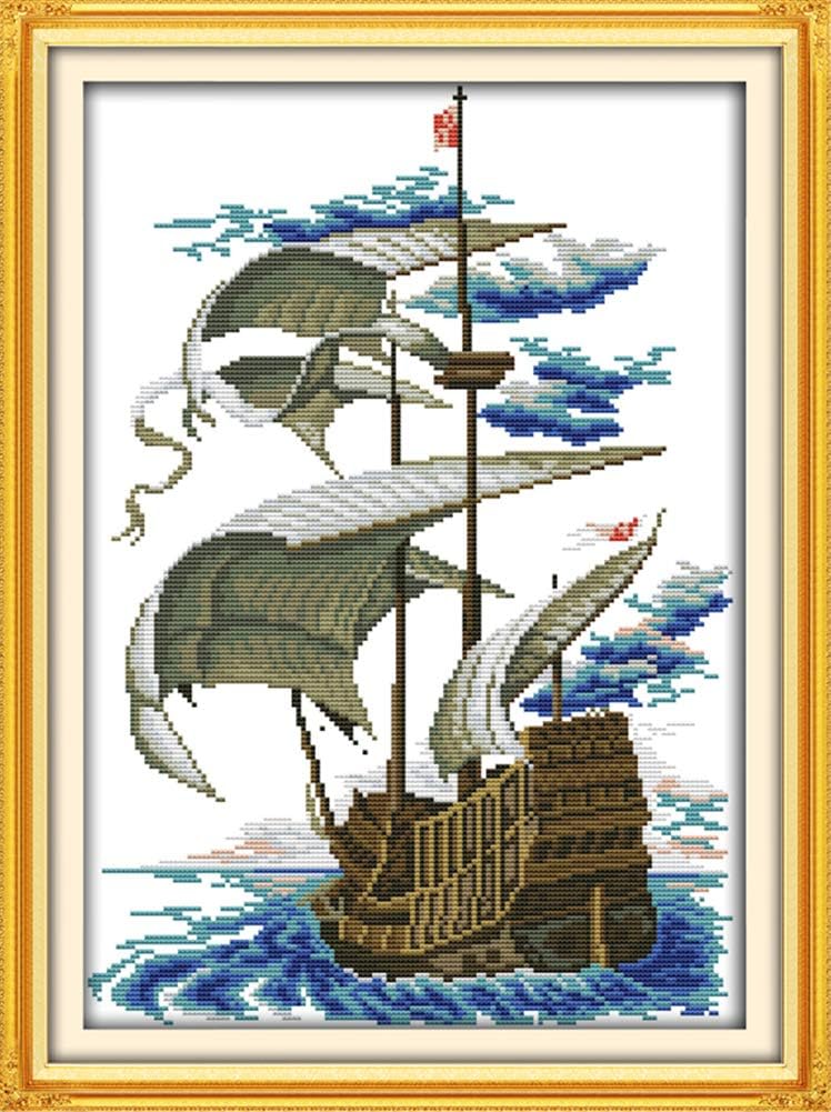 LanMent Vintage Sailboat Stamped Cross Stitch Pre-Printed Fabric Counted Kits Cross Stitching for Beginner Adults Home Decor Birthday Gift 14CT 13 x 17.3 inches / 33 × 44 cm
