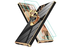 GRITUP for Samsung Galaxy S22 Ultra Case: with 2Pcs Screen Protector, 360° Rotation Ring Holder Magnetic Kickstand, Plating Gold Edge Soft TPU Shockproof Protective Cover for S22 Ultra, Black