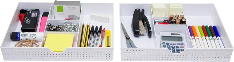 Amtido Desk Drawer Organiser Tray 3 Compartments White 2 Adjustable Dividers