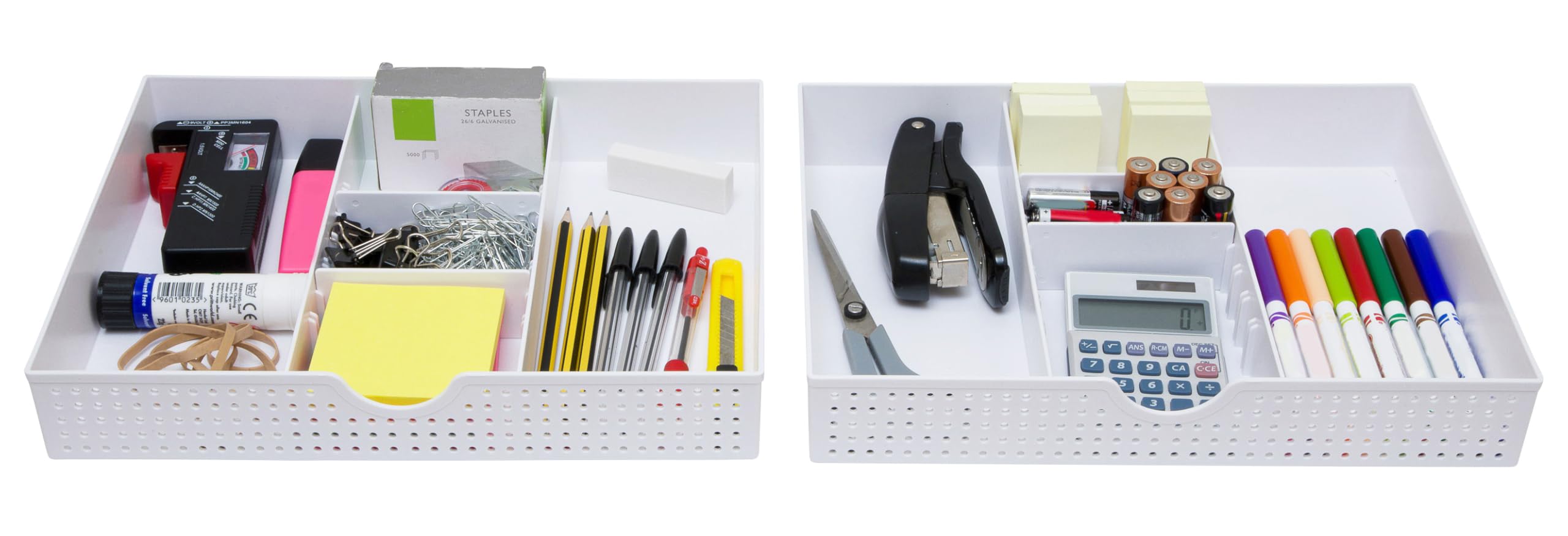 Amtido Desk Drawer Organiser Tray for Office Stationary Supplies & Accessories - Sleek 3 Compartments Stationery Organisers with 2 Adjustable Dividers - White Desk Tidy Organiser - 2 Pack