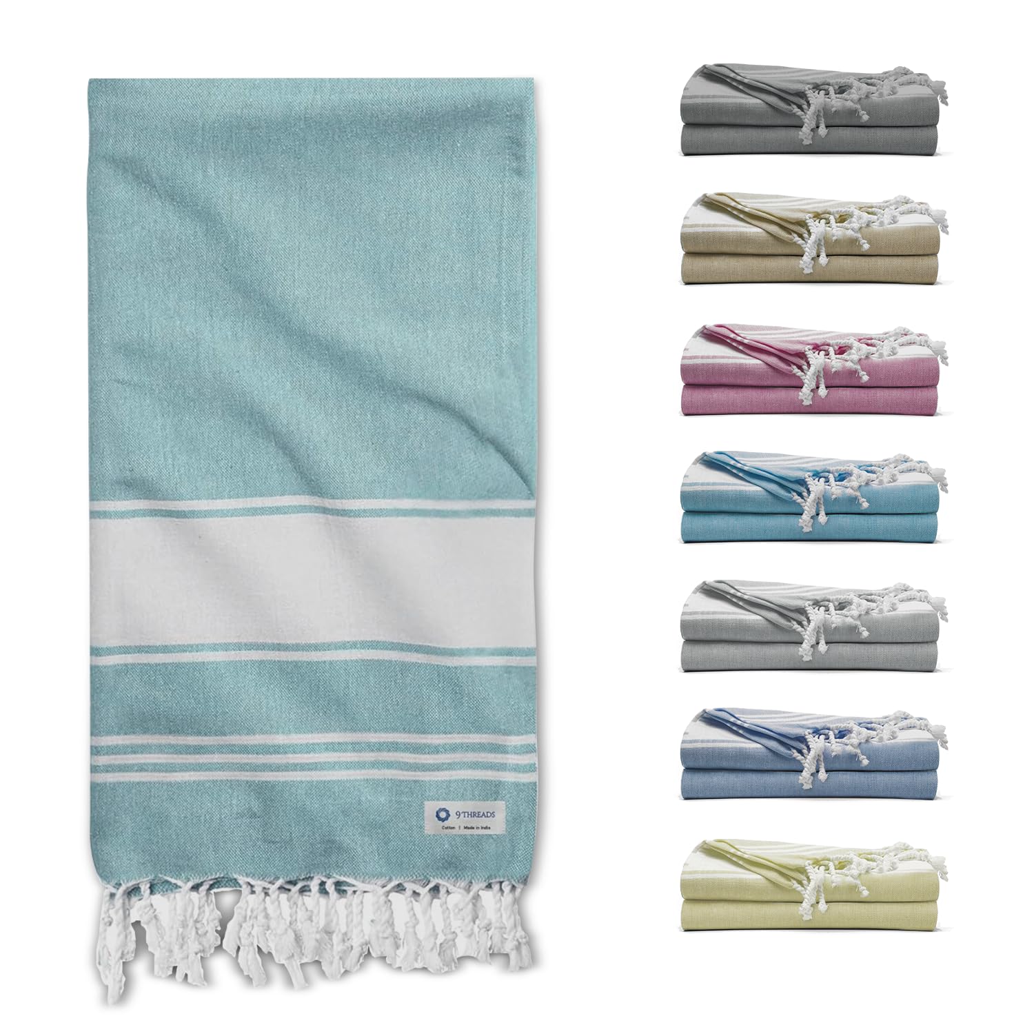9Threads Cotton Turkish Beach Towel with Towels Oversized 36"x72" Pool Absorbent Extra Large Quick Dry Sand Travel Towel (Light Green, 2 Pack)