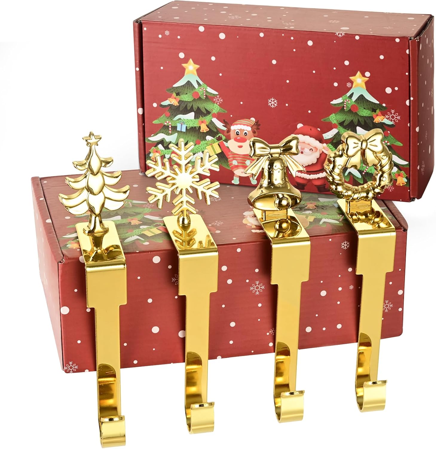 Stockings & Holders - YAROMO Christmas Stocking Holder Set of 4 Gold Christmas Fireplace Decor Bright Surface Mantle for Christmas Decorations, with Christmas Pattern On Top