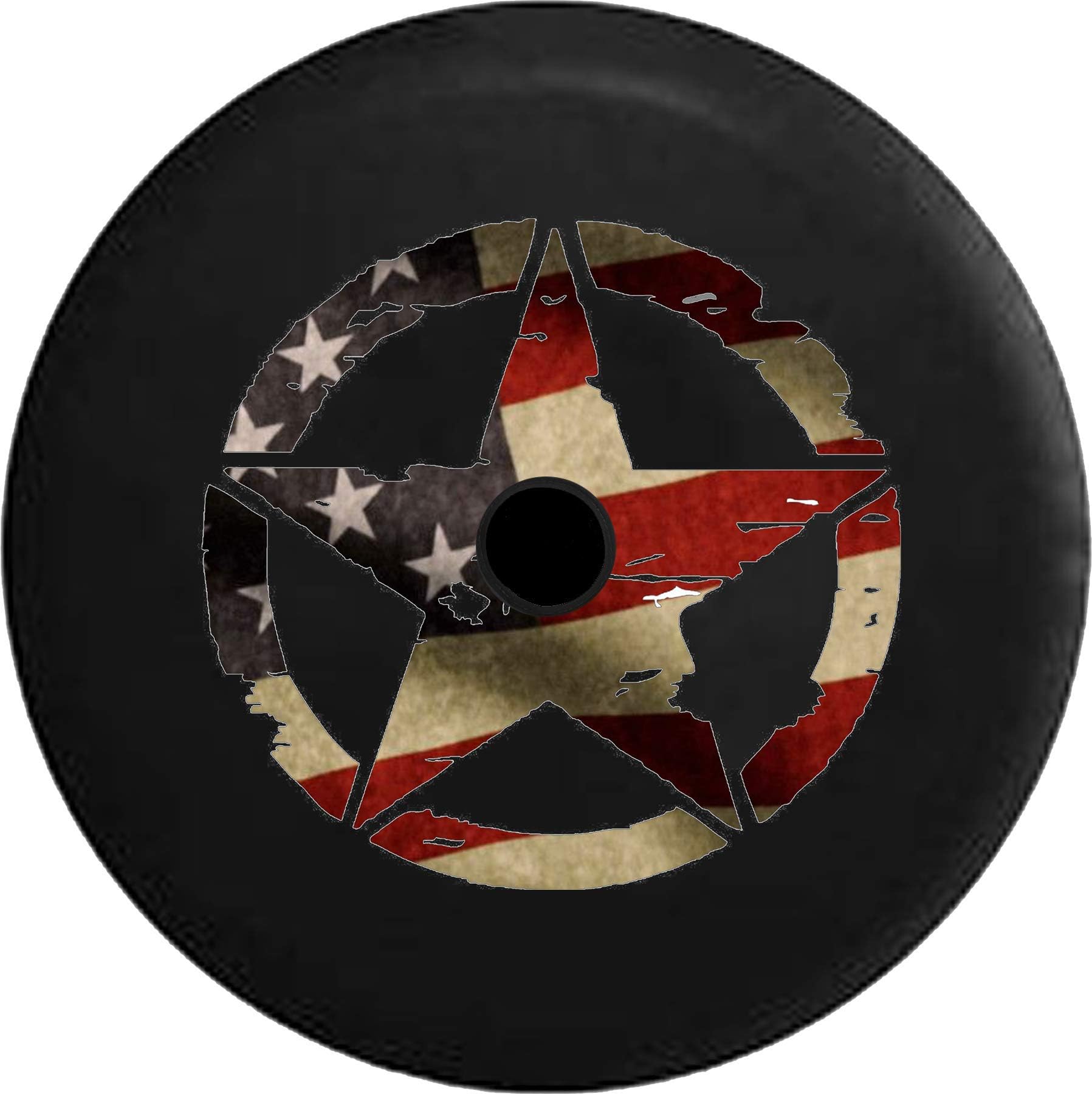 JL Spare Tire Cover Oscar Mike WW2 Military Vintage Star Vintage American Flag Spare Tire Cover with Backup Camera Hole BUC (Fits: JL Accessories 2018+) Size 32 Inch