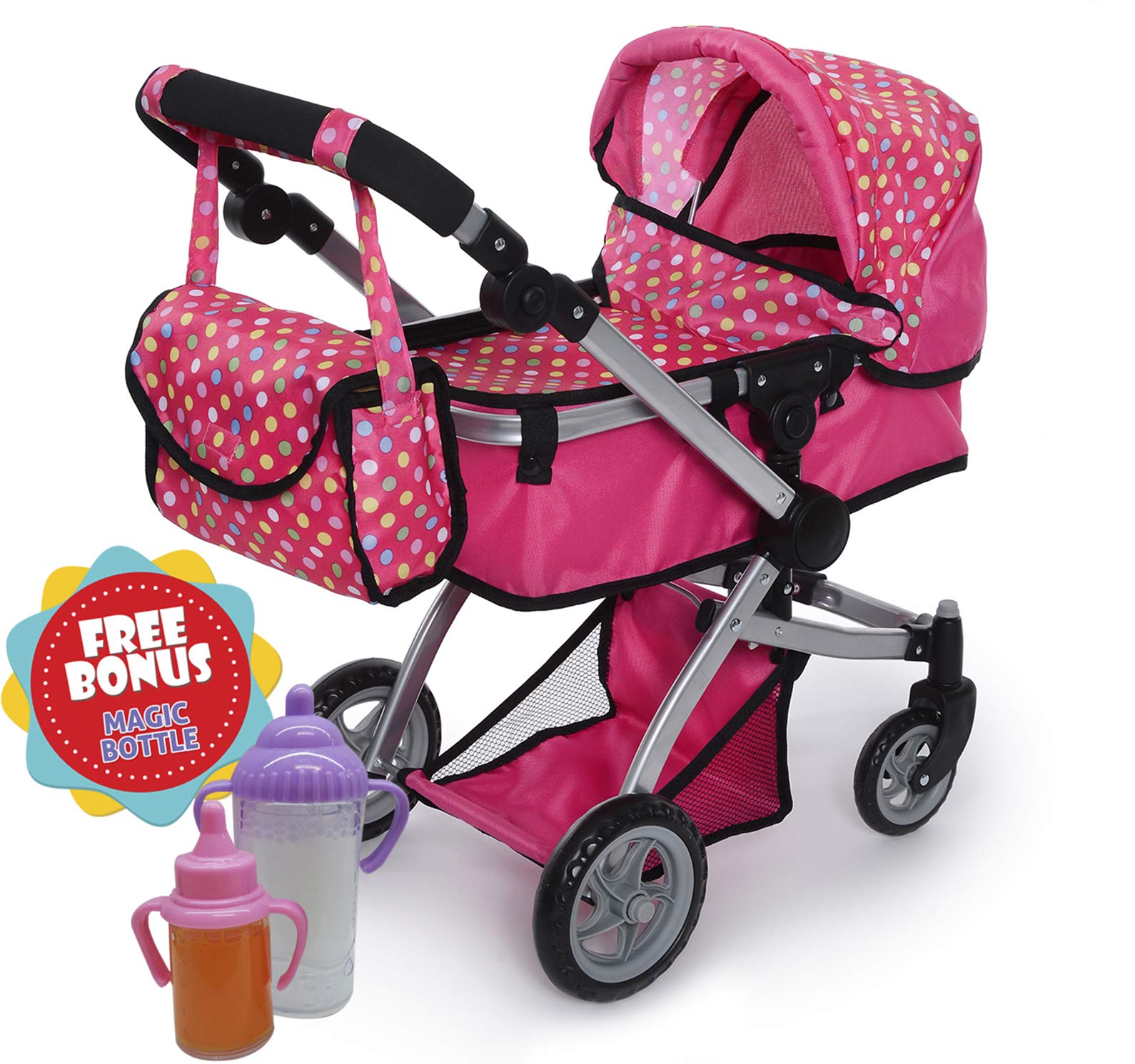 Exquisite Buggy Foldable Pram For Baby Doll With Polka Dots Design