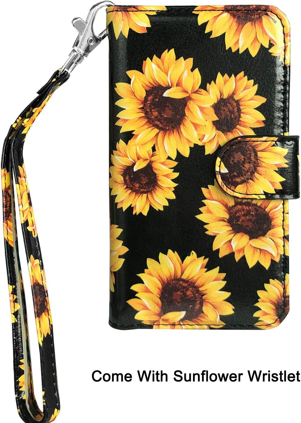J.west iPod Touch 7th 6th 5th Generation Case, Sunflower iPod Touch Wallet case Magnetic Floral Faux Leather Flip Case Cover Heavy Duty Protection with 3 Cash Card Holder Kickstand and Wrist Strap