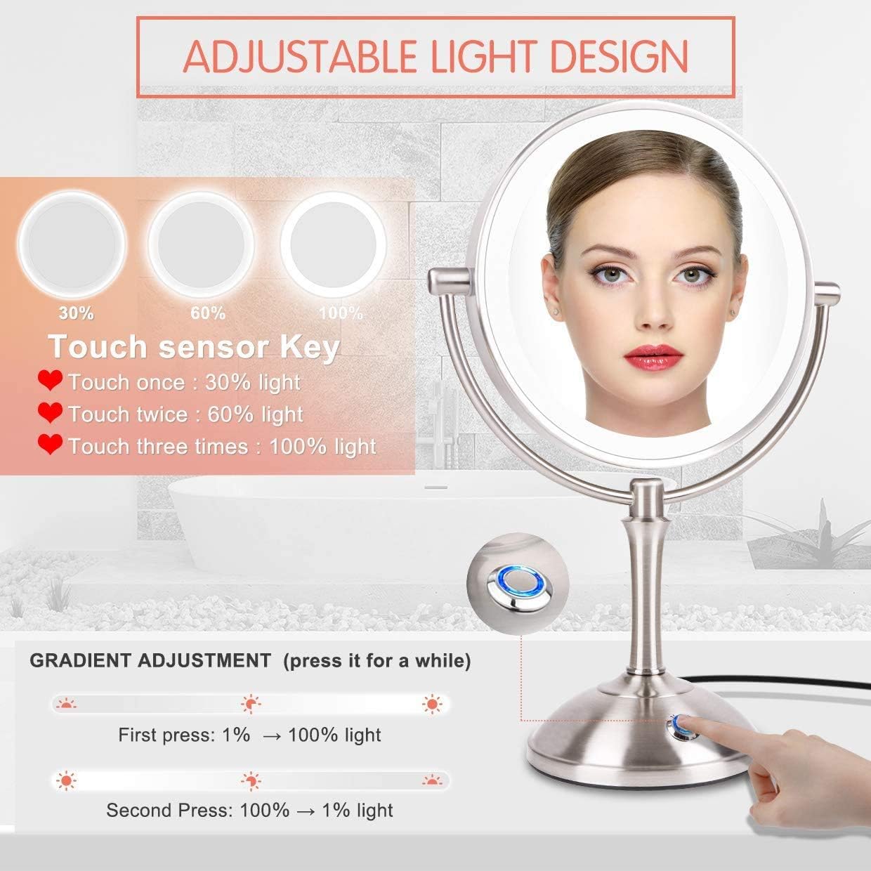 AmnoAmno LED Makeup Mirror-10x Magnifying,7.8" Double Sided Lighted Vanity Makeup Mirror with Stand, Touch Button Adjustable Light-Cord or Cordless (sliver): Home & Kitchen