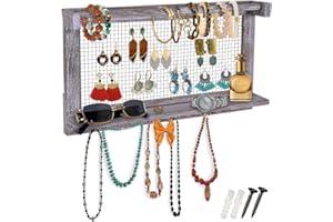 Comfify Rustic Jewelry Organizer – Wall Mounted Jewelry Holder w/Removable Bracelet Rod, Shelf & 16 Hooks – Perfect Earrings, Necklaces & Bracelets Holder – Rustic White