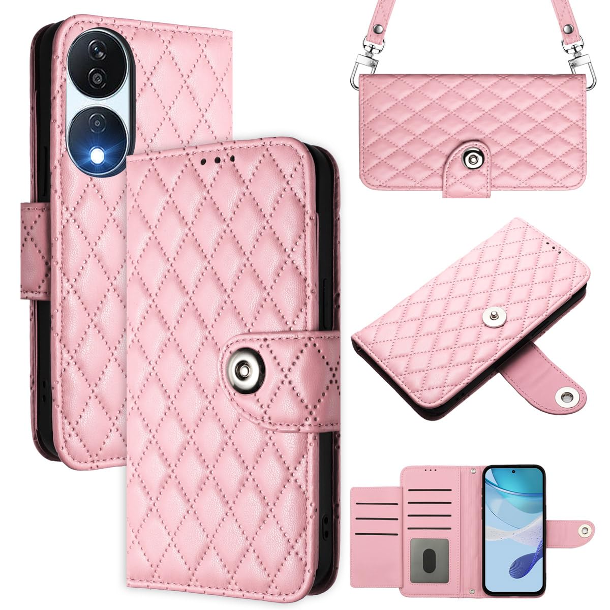 MOJIA Flip Case for Honor X7b / Honor 90 Smart, PU Leather Wallet Case Flip Phone Cover, Card Holder Multifunctional Case with Wrist and Shoulder Strap. Pink