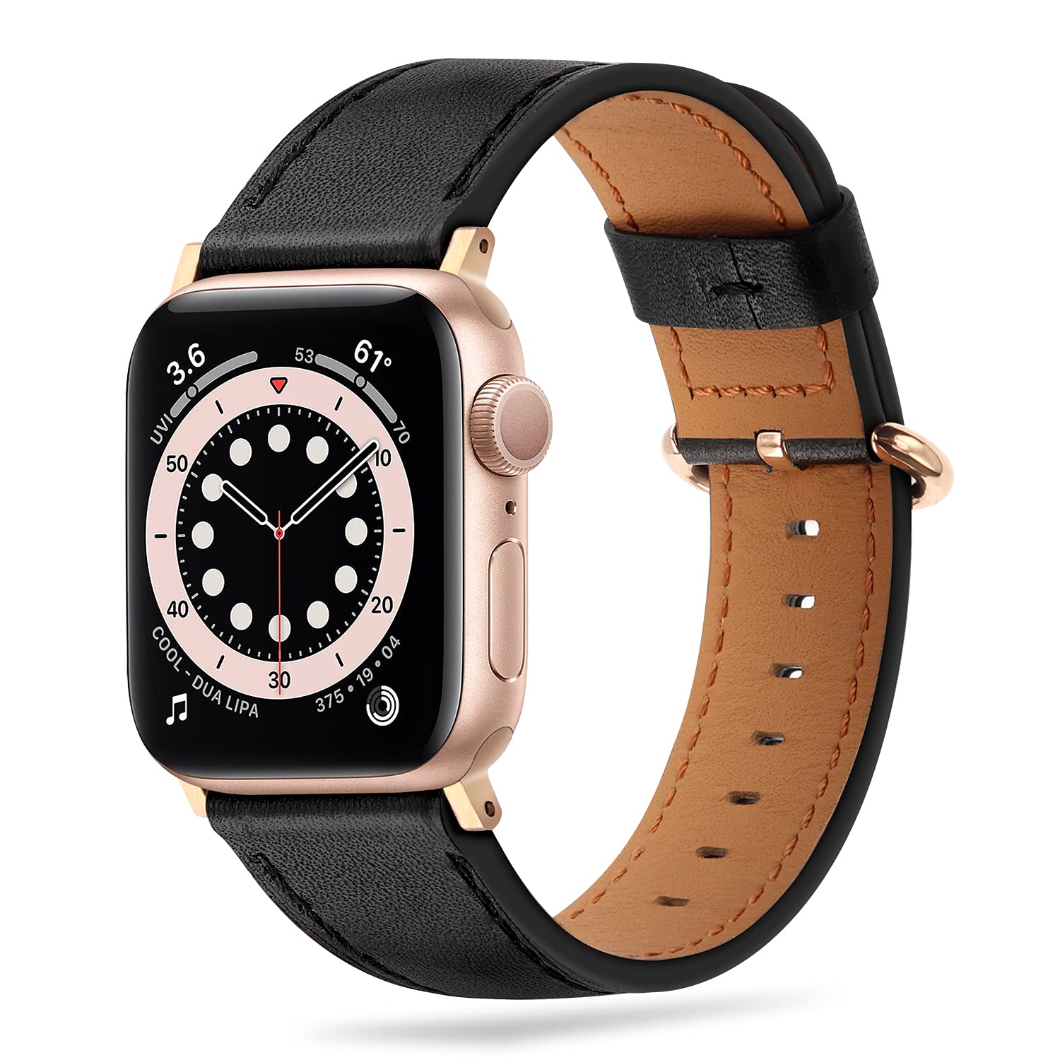 Tasikar Compatible with Apple Watch Strap 49mm 45mm 44mm 42mm, Genuine Leather Women Replacement Strap Compatible with Apple Watch Ultra SE, Series 9/8/7/6/5/4/3/2(Black Band + Rose Gold Adapter)