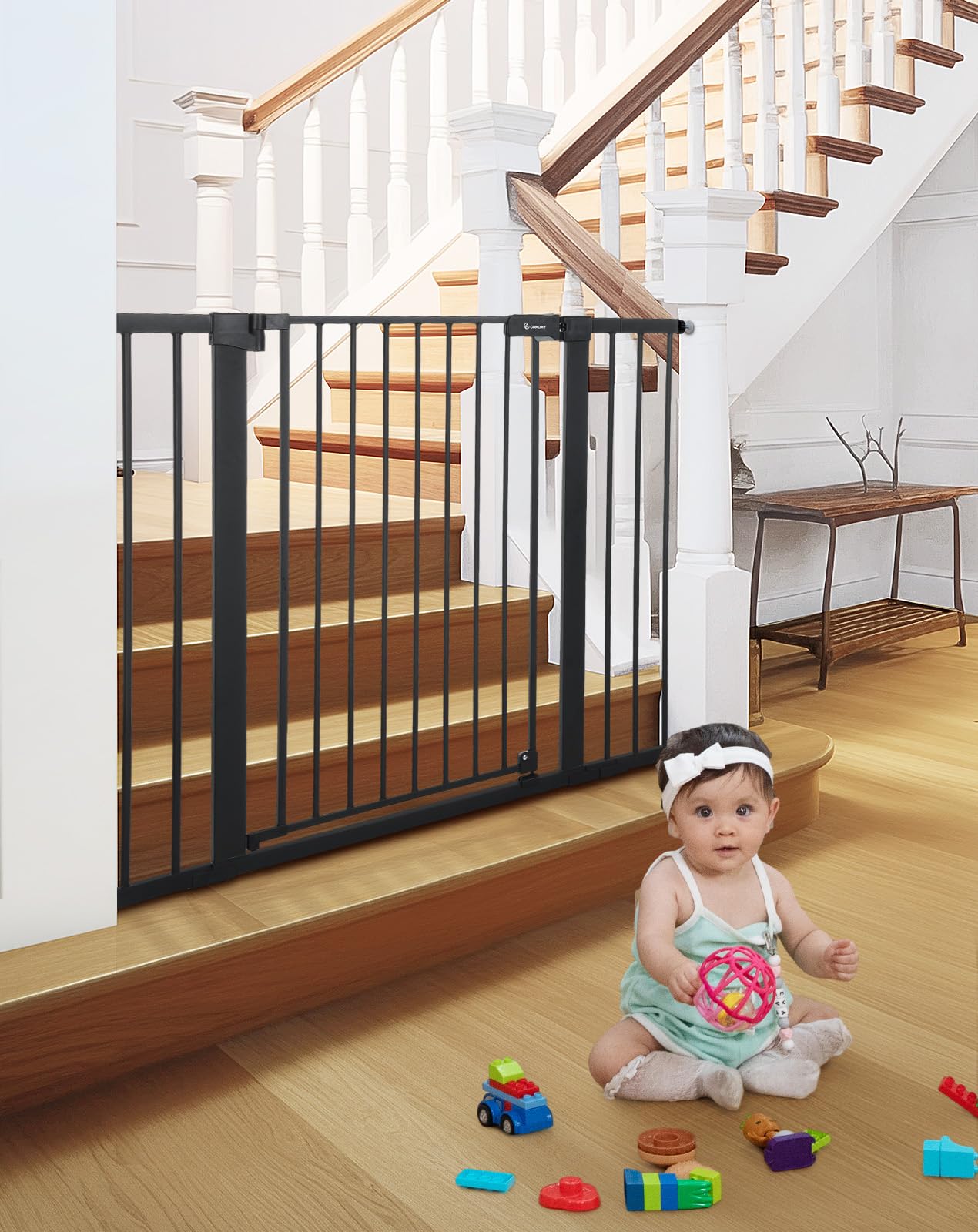 Photo 1 of COMOMY 36" Extra Tall Baby Gate for Stairs Doorways, Fits Openings 29.5" to 46" Wide, Auto Close Extra Wide Dog Gate for House, Pressure Mounted Easy Walk Through Pet Gate with Door, Black