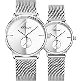 MASTOP Swiss Brand Couple Watch Men Women Stainless Steel Silver Mesh Strap Waterproof Watches(Silver White)