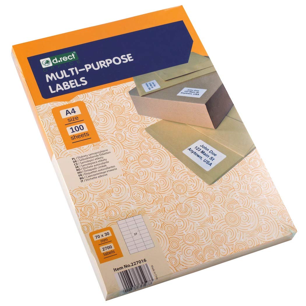D.RECT Adhesive Labels | Universal Labels (70x30mm on A4) | Self Adhesive Printable 100 Sheets | Package 27 Labels | Sheet 2700 Pieces | White
