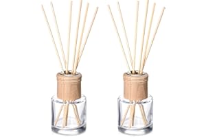 Roshtia 2 Set Reed Diffuser Bottle Empty Refillable Fragrance Glass Diffuser Bottles Set with Wooden Caps Sticks 50ml 1.7 oz Round Glass Jars for DIY Fragrance