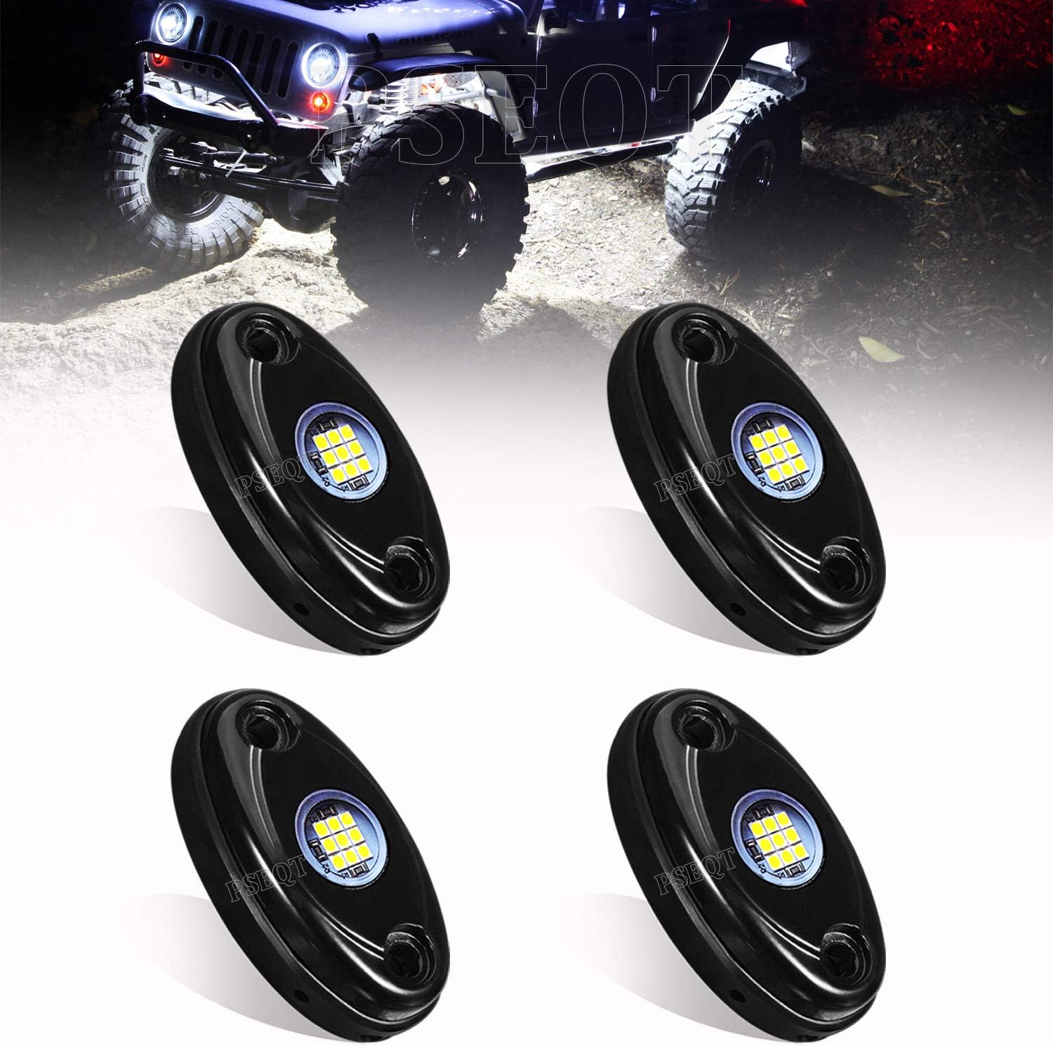 PSEQT 4Pods LED Rock Light Kit Underglow Lights for Car Offroad Jeep Truck Boat Underbody Blue Neon Lighting Glow Trail Rig Lamp Waterproof - 9 Chips Each: Automotive