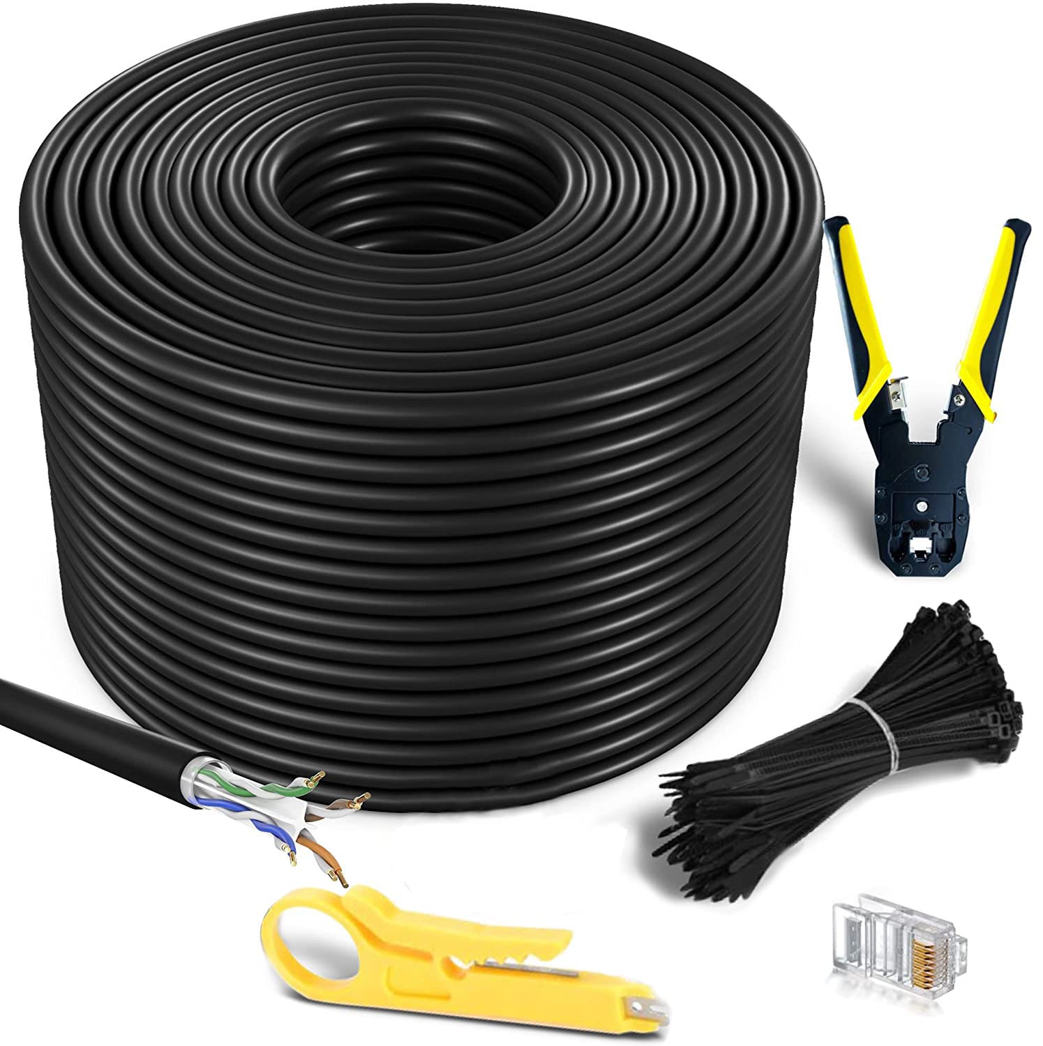 MutecPower 300m CAT6 Outdoor waterproof Direct Burial Ethernet Network Cable - UTP - CCA - 550 Mhz - Black 300 meter with Crimping tool RJ45 connectors and Cable Ties — image 1