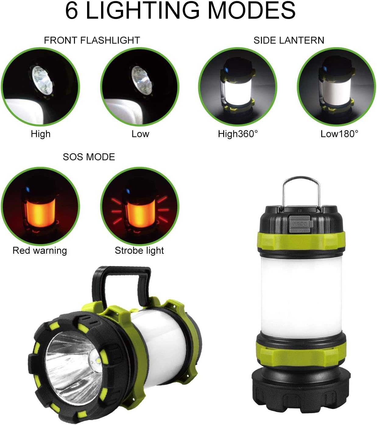 Consciot Rechargeable Camping Lantern Flashlight, LED with 6 Modes, 3600mAh Power Bank, IPX4 Waterproof, Two Way Hook, Portable with USB Cable for Emergency, Camping, Hiking, Outdoor Activities - - 