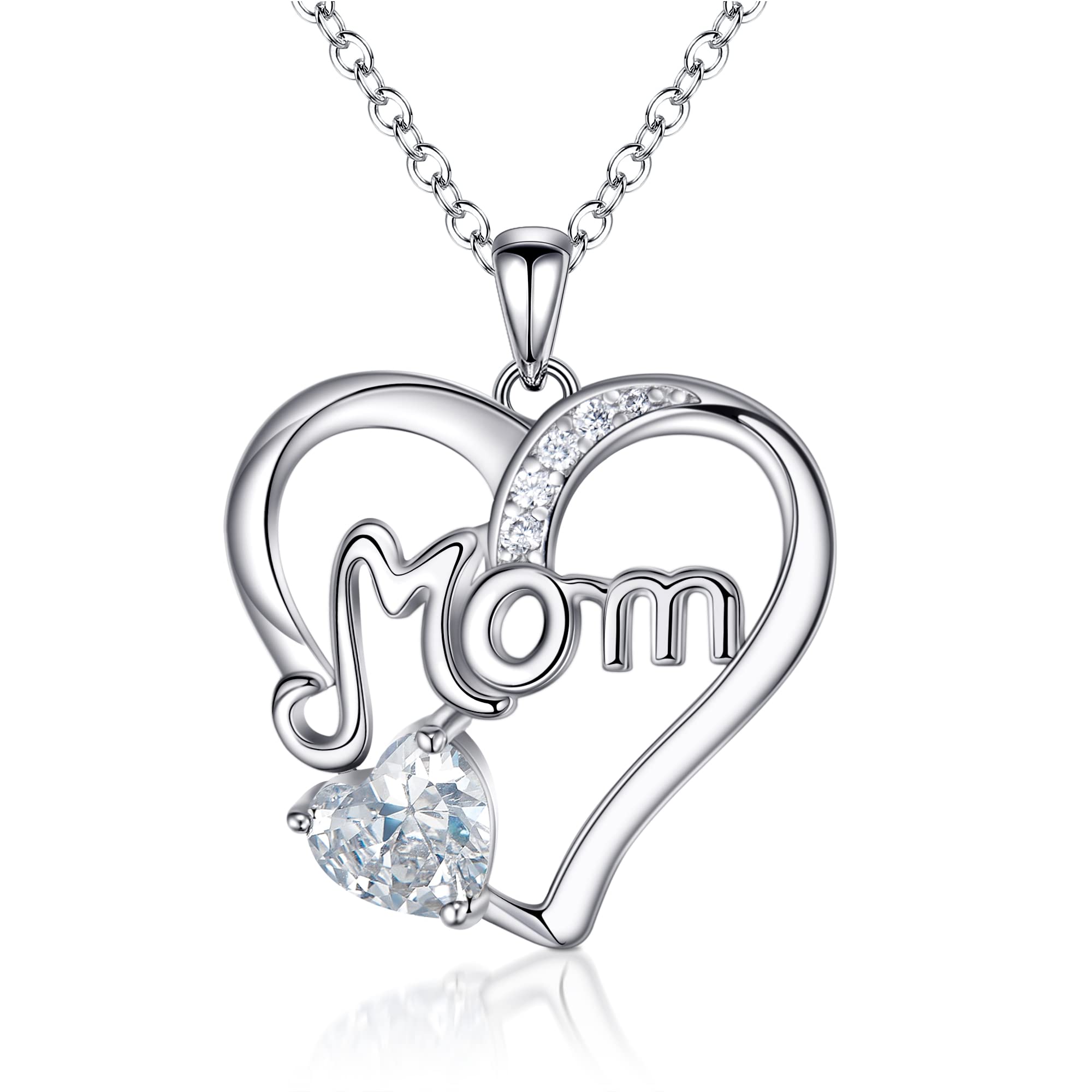 Ever Faith Mom Necklace S925 Silver White CZ April Birthstone Jewelry Heart Pendant Mothers Necklace Mothers Day Birthday Gifts for Women, Grandma