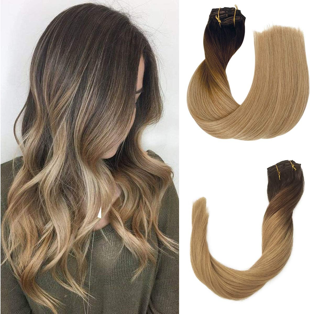 Smavida 22 inch 8Pcs Per Set Balayage Ombre Color Clip in Human Hair Extensions 180 Gram Color #2 Dark Brown Fading to #6 Chestnut Brown and #8 Ash Blonde Soft Silky Straight Full Head