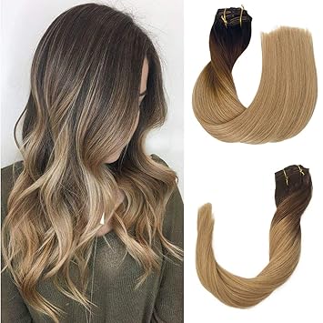 Amazon Com Clip In Human Hair Extensions Ombre Dark Brown Fading