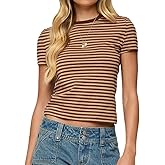 Women Striped Shirt Short Sleeve Crew Neck Baby Tees Y2k Going Out Crop Top Streetwear