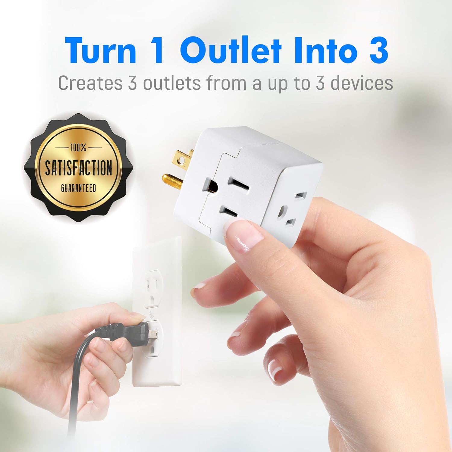 Maximm Current Wall Tap (4-Pack) Easy Access with 3 Prong Outlet Cube Plug Adapter Expanding It Into 3 AC Outlets, Perfect for Travel, ETL Listed White - - 