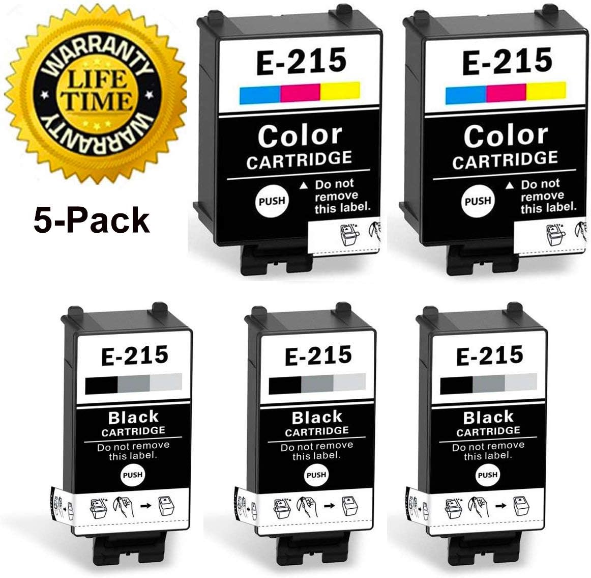 Remanufactured 215 Ink Cartridges Replacement for WF-100 Printer (3 Black 2 Tri-Color Pigment Ink 5Pack)