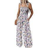 Dokotoo Women's Casual Loose Overalls Jumpsuits One Piece Sleeveless Printed Wide Leg Long Pant Rompers With Pockets