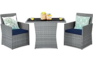 Tangkula 3 Pieces Patio Dining Set, Patiojoy Space-Saving PE Rattan Bistro Set with Tempered Glass Top Table and Cushioned Chairs, Outdoor Conversation Set for Garden, Backyard, Poolside, Porch