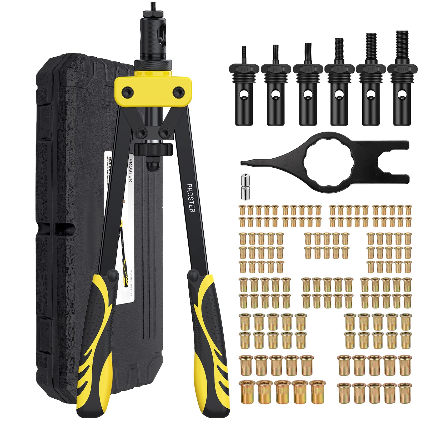 Proster Rivet Nut Gun 14" Rivet Nut Tool with 150Pcs M3 M4 M5 M6 M8 M10 Rivet Nuts 6Pcs Metric Mandrels Heavy Duty Hand RIV Nut Gun Thread Setter Kit Yellow