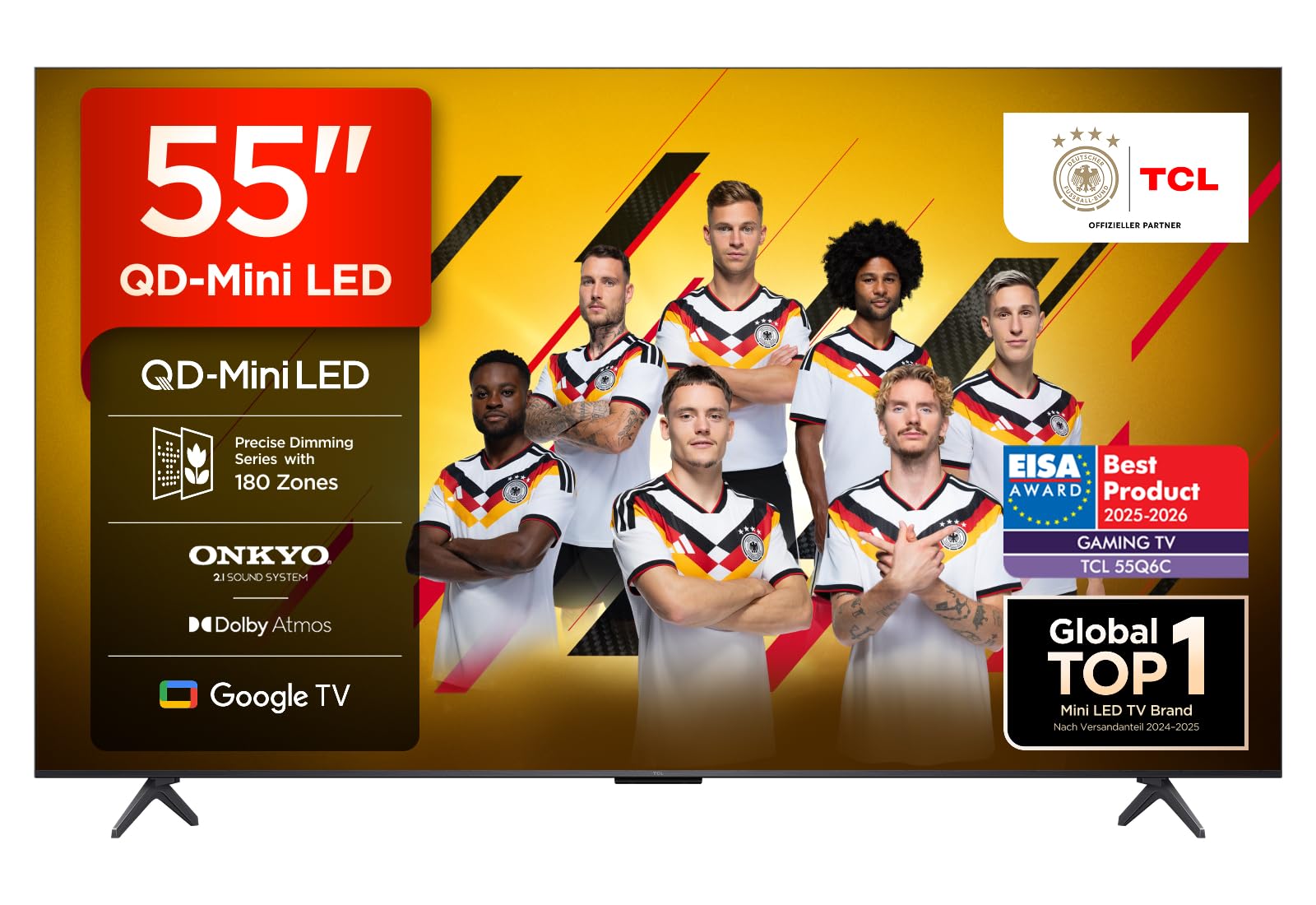 TCL 55Q6C 55 Zoll QD-Mini LED Fernseher, 4K HDR Premium 1000nits, Smart TV mit Google TV (Dolby Vision IQ & Atmos, Onkyo 2.1 Sound System, 144Hz Motion Clarity Pro, Game Master)
