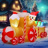 COMIN 9FT Christmas Inflatables Gingerbread Man Train Yard LEDs Decor | Built-in LEDs and festive gingerbread man train design for Christmas lawn, garden, porch and party displays