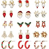 Christmas Stud Earrings for Women Chirstmas Tree Snowflake Bow Gift Box Santa Claus Gingerbread Earrings Set Xmas Holiday Gifts (A-15 Pairs)
